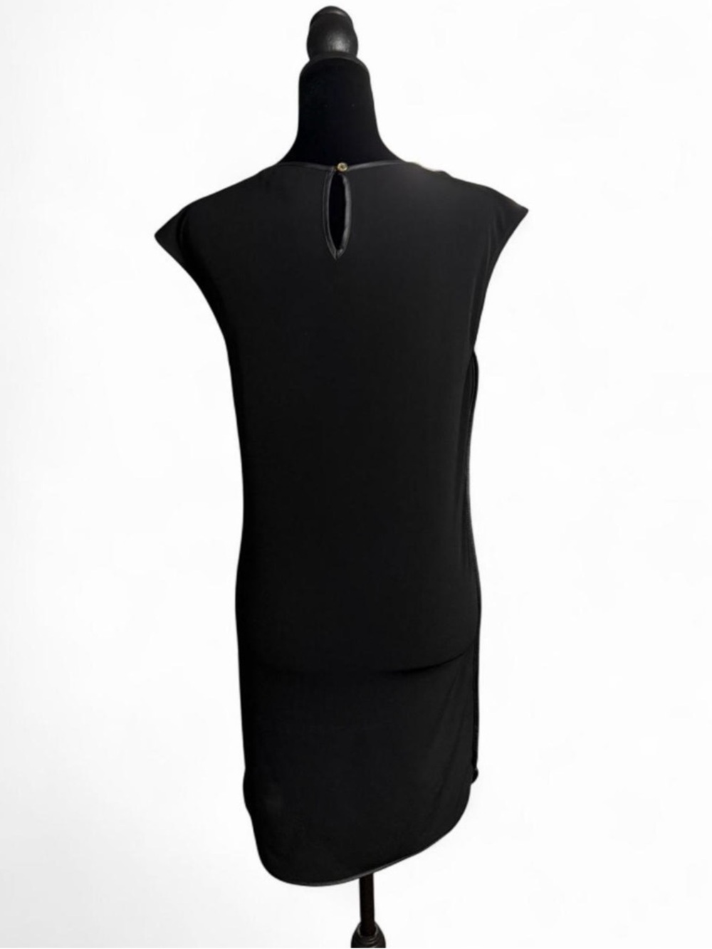 Calvin Klein Black Shift Dress Faux Leather Trim Cap Sleeve Size 2 - Picture 4 of 9